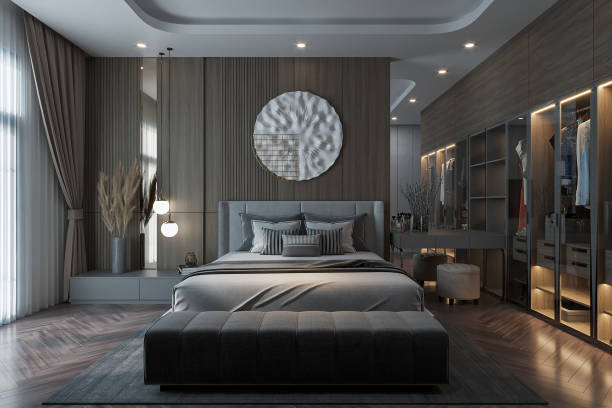 istock Luxury Bed, Plaid, Almirah, and Console Table in Modern Bedroom 2160557031