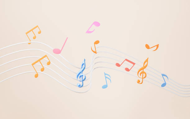 Cartoon stave and notes in the yellow background, 3d rendering. 3d illustration.