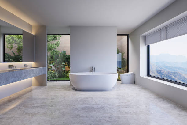 istock Minimal style modern luxury white bathroom with nature view 3d render 2160558588