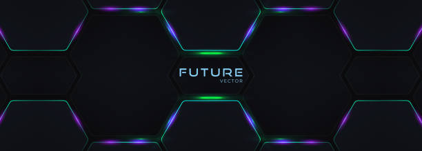 istock Dark hexagon gaming abstract vector background with green and purple colored bright flashes. 2160558818