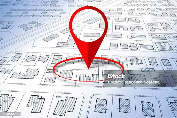Building Activity With Red Location Pin Point Against An Imaginary ...