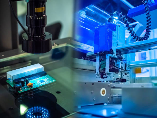 istock Production of electronic circuit boards. Checking chips in production. Automated processors manufacturing. Microscope is aimed at the electronic board. Manufacture of electronic chips. Light industry 2160564543