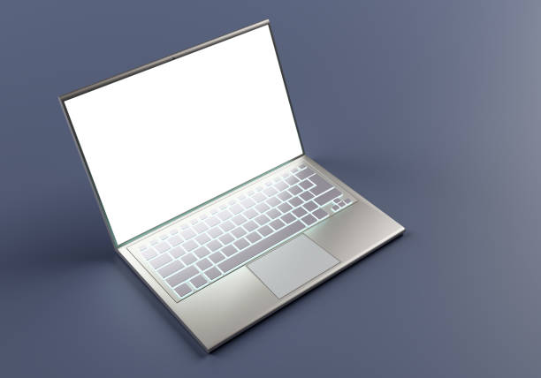 istock Laptop on gray background. Laconic background with laptop. Minimalistic computer design. Laptop with blank screen. Place for text. Electronics, PC gadgets, devices, technologies. 3d image in grey 2160564600