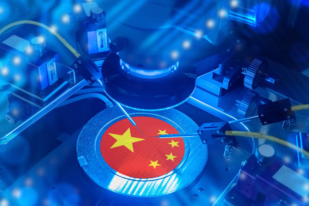 istock Machine for production microprocessors with flag China. High-tech industry PRC. Production chips and computer boards in factories in China. Import microprocessors from China. Export PCB. 3d image 2160564631
