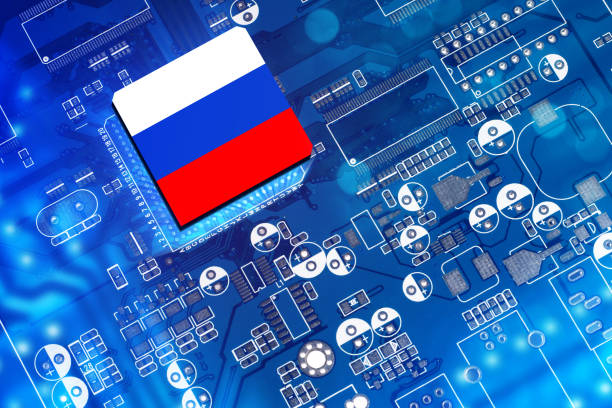 Digital board with flag of Russia. Microprocessor manufactured in Russian Federation. Computer board. Production of microprocessors in Russia. Import of microprocessors to Russia. 3d rendering.
