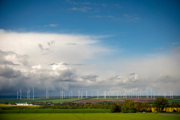 Beautiful flat landscape with fields and windmills on the horizon and approaching rain.