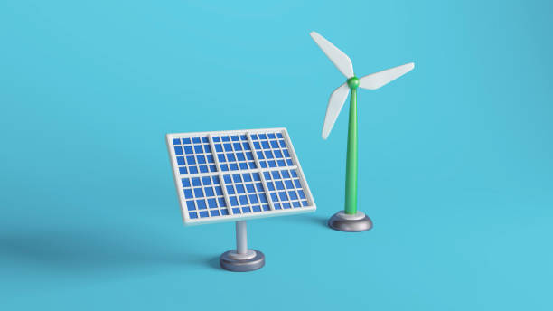 istock 3D Illustration of Solar Panel and Wind Turbine on Blue Background 2160567660