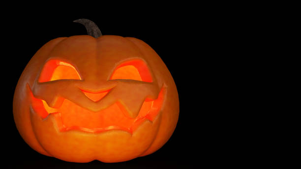 Jack o lantern glowing in the dark isolated on black background and copy space. Scary Halloween pumpkin smiles on Halloween background concept. 3d rendering.