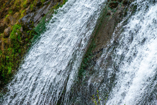 A captivating close-up photo of a waterfall, showcasing the dynamic flow and intricate details of the cascading waters.