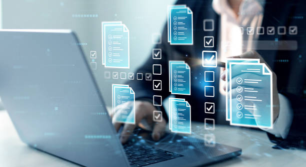 istock Businessman check virtual electronic documents  and checklist approve. Business productivity checklist and filling survey form.Fast checklist and clipboard task management. 2160568897
