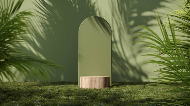 istock Summer podium, showcase in green grass with tropical palm branches - 3d render. Natural eco background. 2160571869