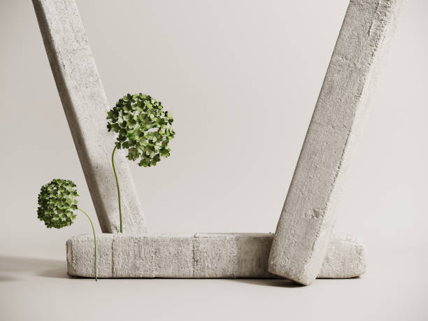 Podium, showcase made of stone and cement with green hydrangea flowers - 3d render.