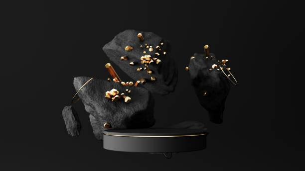 istock Exhibition dark podium, display with stones and gold crystals - 3d render. 2160572237