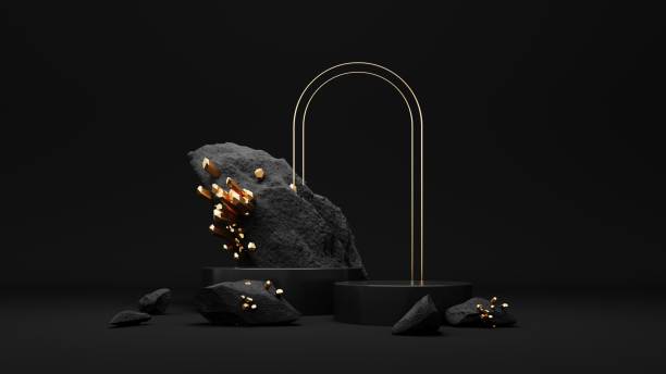 istock Exhibition dark podium, display with stones and gold crystals - 3d render. 2160572265