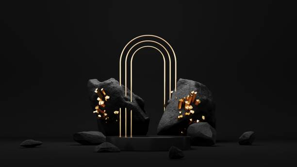 istock Exhibition dark podium, display with stones and gold crystals - 3d render. 2160572278