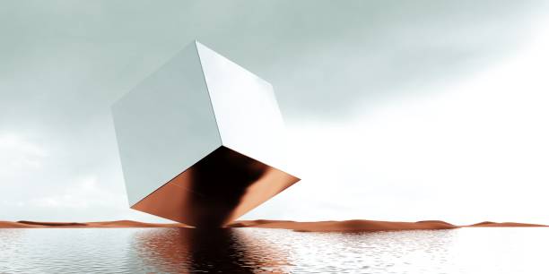 3d render of surreal landscape in colored sand. Podium, display on the background of abstract glass shapes and objects. Fantasy world, futuristic fantasy image.