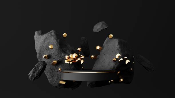 istock Exhibition dark podium, display with stones and gold crystals - 3d render. 2160572593