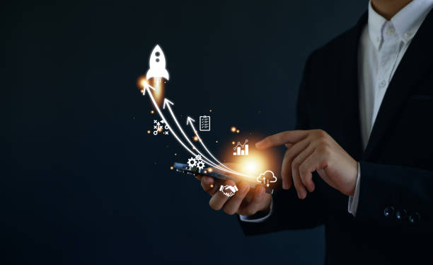istock Entrepreneurship launch rocket start flying up and network line connection. Startup concept plan development business project digital. 2160577955