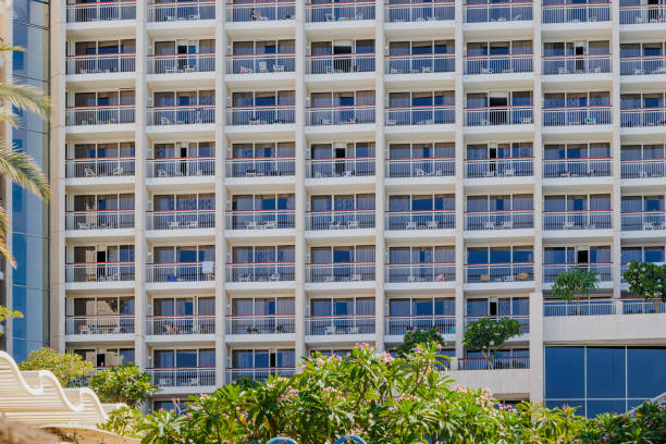 Balconies of a modern hotel complex on the beach of Morro del Jable, Fuerteventura.