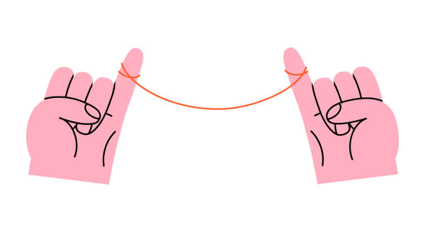 Two hands with red thread flat illustration Hand drawn cute cartoon illustration two hands with red thread. Flat vector rope tied on little finger doodle style. Connection or family ties icon. Love romantic couple print. Forever bond. Isolated ropes tied together stock illustrations