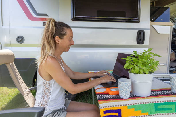 istock Woman Working on Laptop at Campsite 2160581328