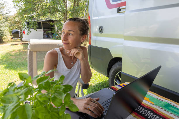 istock Balancing Work and Nature: Woman at Campsite 2160581341