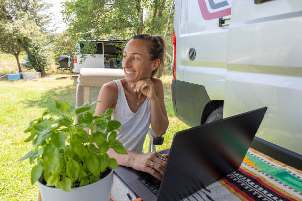 istock Camping with Connectivity: Woman on Laptop 2160581742
