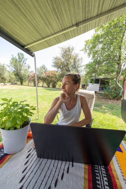istock Woman Reflecting While Working at Campsite 2160581924