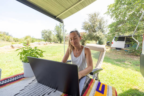 Woman Reflecting While Working at Campsite