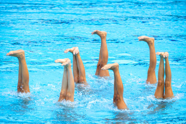 istock Artistic swimming team performing synchronized legs movement in swimming pool 2160584373