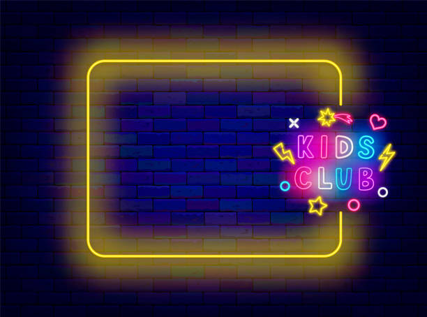 istock Kids club neon advertising. Empty yellow frame and typography with confetti. Play game party. Vector stock illustration 2160585644