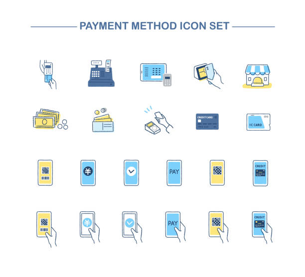 Various payment methods icon set Cashless, smartphone payment, payment, smartphone, online payment, accounting, electronic money, credit card, consumption, debit card, QR code, points, shopping, cash vending machine codes stock illustrations