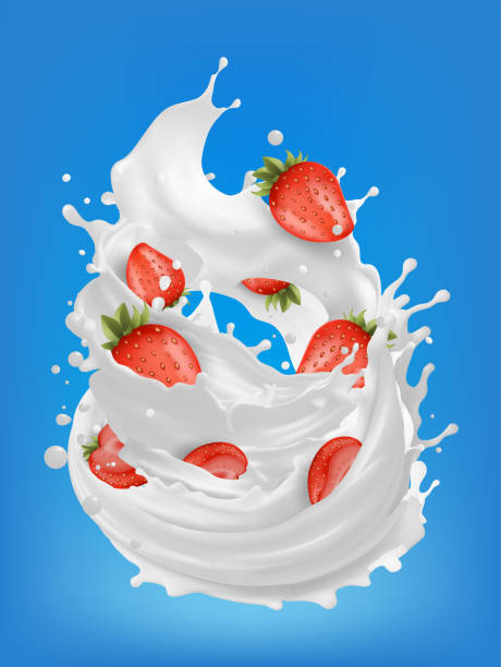 istock Strawberry dessert with whipped cream. 3d vector illustration realistic  ripe and juicy strawberries. Splashes of milk and drops from falling fresh red berries. Mesh gradient wes 2160598953