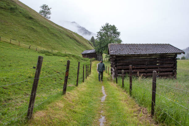 The rain doesn't bother the hiker, who walks through lush green meadows, past rustic old wooden hay huts, through the Rauris Valley in Austria.