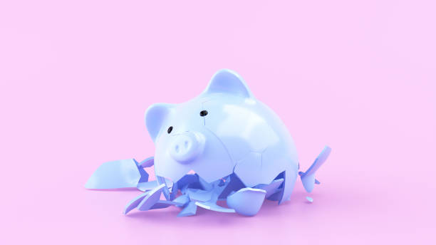 istock Blue ceramic piggy bank broken, on pink background 2160602676