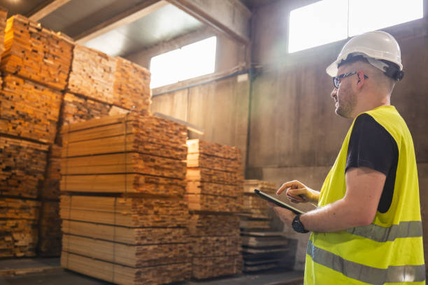 10 Innovative Transportation Systems Management Strategies for Modern Cities 3 Efficient warehouse inventory management in the wood industry. Warehouse worker in a high-visibility vest and safety helmet, standing beside stacks of wood ribons. The worker is focused on a handheld device, updating inventory or performing logistical tasks. Concept of industrial environment where goods are being moved and managed efficiently. transportation systems management stock pictures, royalty-free photos & images