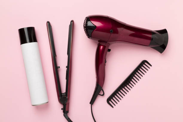 istock Hair tools with thermo protection on color background, top, view 2160611744