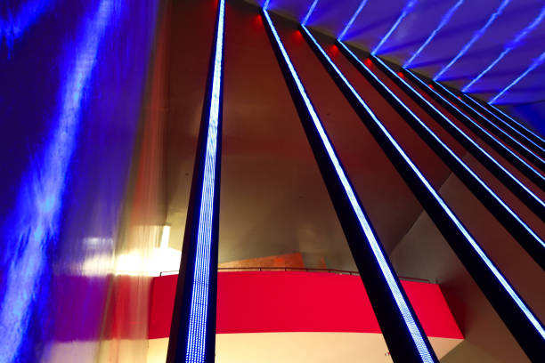 istock Red, blue and white led lights background 2160612436