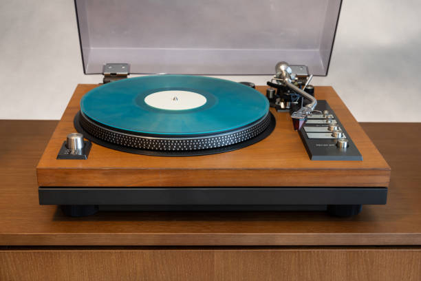 istock Vintage Stereo Turntable Vinyl Record Player with Open Plastic Lid 2160621288