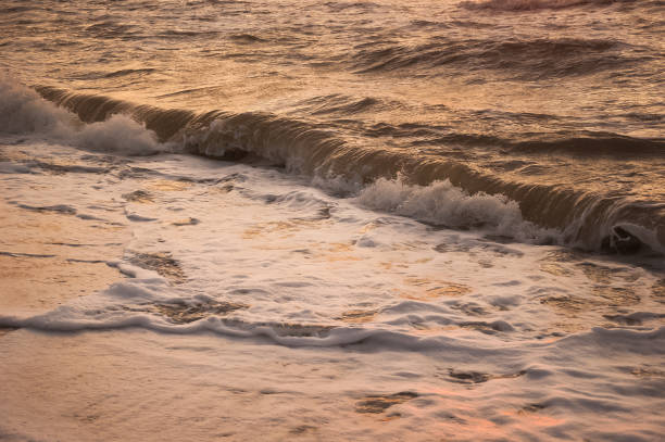 Sea wave with foam on the sand. Summer sea background.