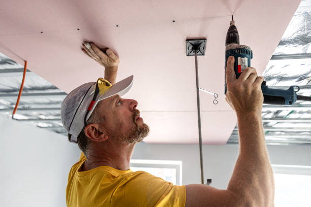 istock The worker screwing plasterboard to the ceiling. He is using special electric screwdriver. A red plasterboard improve the fire resistance of ceiling structures. 2160624439