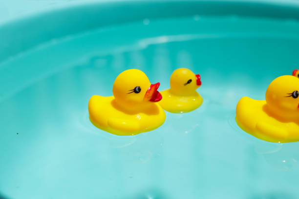 istock Cute yellow rubber ducks floating on blue water 2160632479