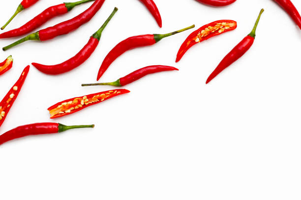 istock Red chili peppers on white background 2160633234