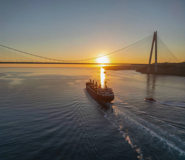 istock Cargo ship passing under bridge traffic at Istanbul Bosphorus 2160634458