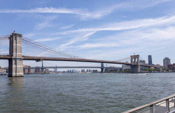 New York, New York, USA - June 20, 2024: This image shows a view of the Brooklyn Bridge at South Seaport in Lower Manhattan, on a sunny afternoon.