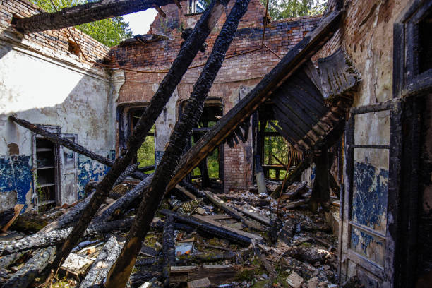 istock Burnt ruined historical building, consequences of fire 2160635236