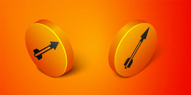Isometric Medieval arrow icon isolated on orange background. Medieval weapon. Orange circle button. Vector Isometric Medieval arrow icon isolated on orange background. Medieval weapon. Orange circle button. Vector. cherokee clip art stock illustrations