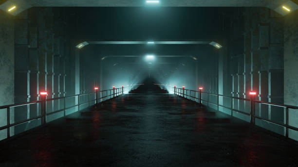 istock Long foggy passage in cyber punk style 2160652814