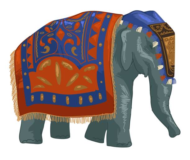 Mammal animal sacred in Indian, isolated Indian elephant with decorative cloth or blanket and adornment. Attraction and traditions, customs and old historic rituals in society. Vector in flat style