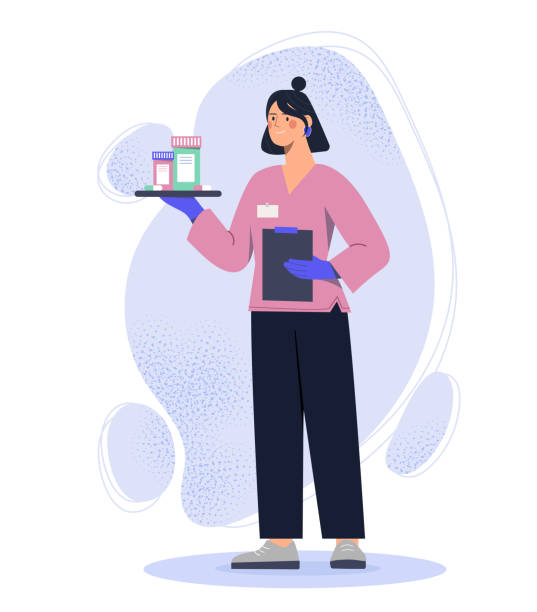 Nurse with medicines. Young girl in uniform stands with tray of pills. Health care and treatment. Physicians assistant and hospital worker. Cartoon vector illustration Nurse with medicines. Young girl in uniform stands with tray of pills. Health care and treatment. Physicians assistant and hospital worker. Cartoon vector illustration isolated on white background giving medication stock illustrations